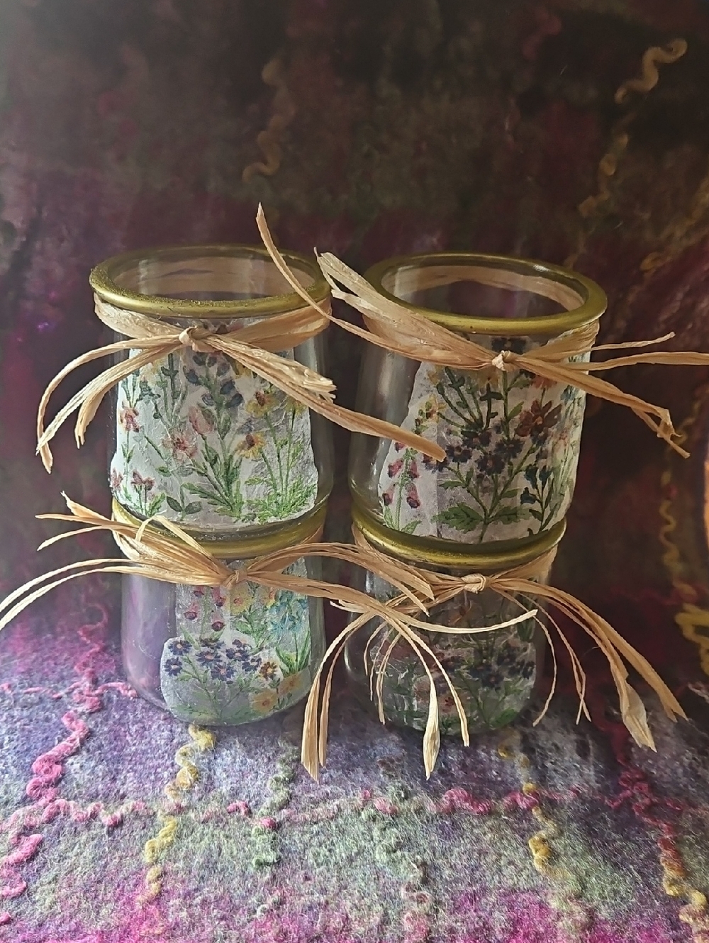 Decopaged Floral Glass Candle Holders - Gold Rim, Natural Twine. Qty 4